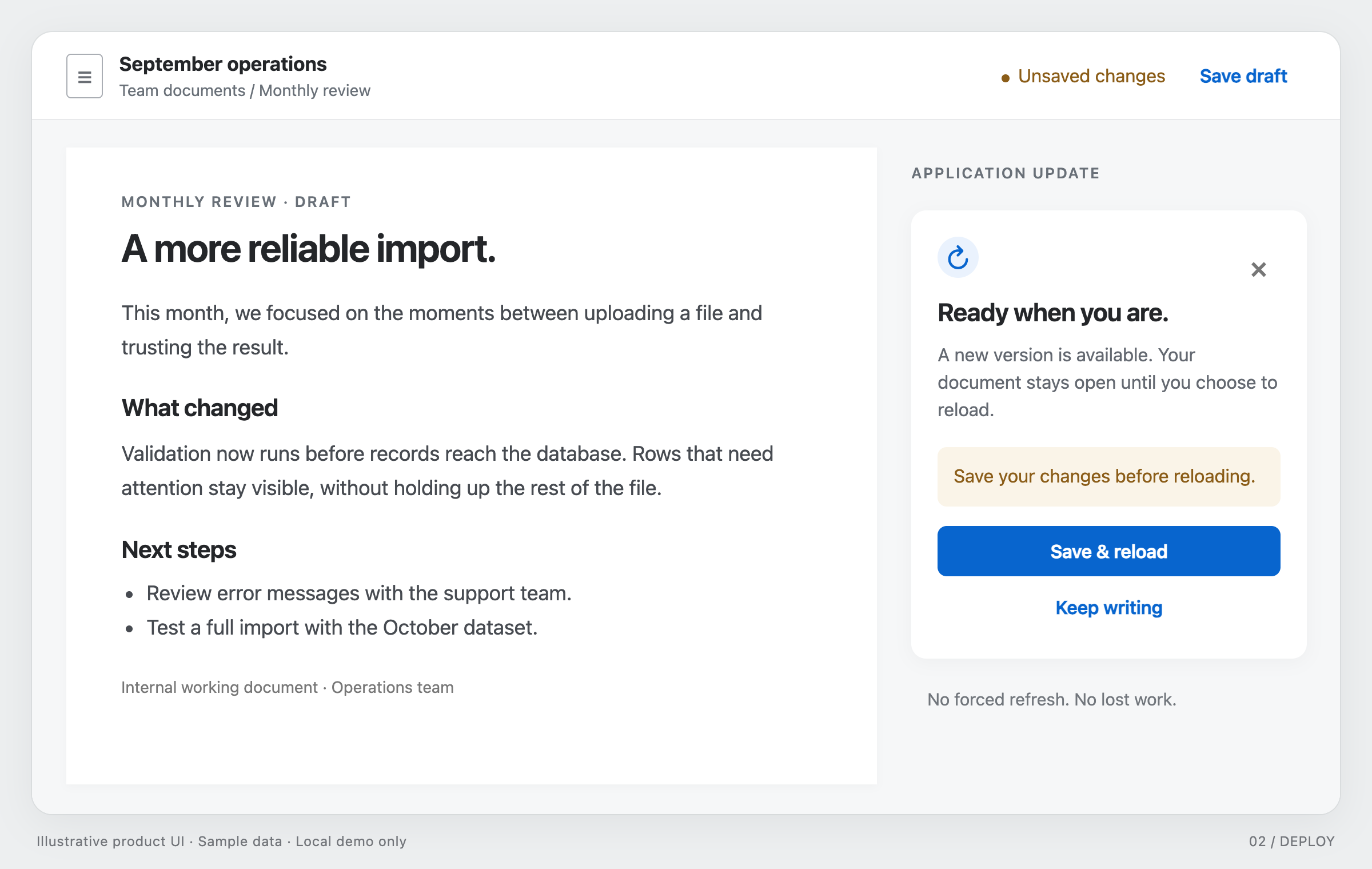 Example update notification with protection for unsaved changes