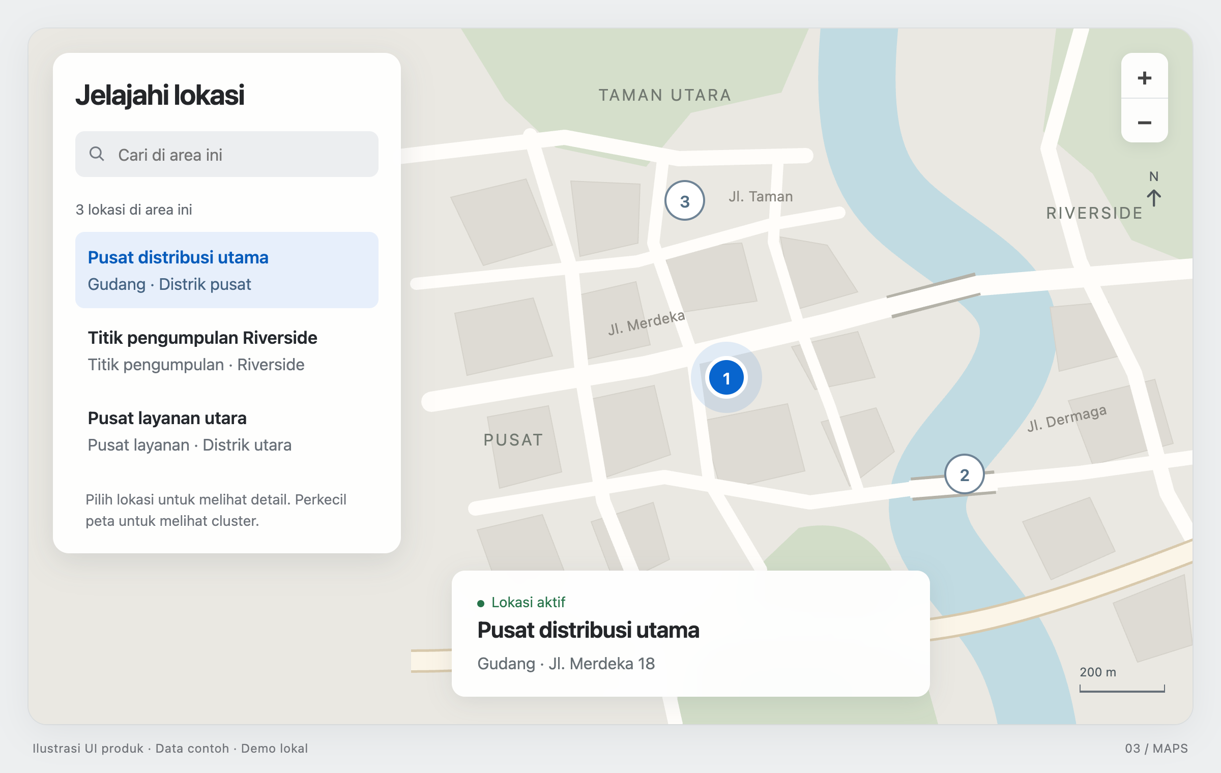 Contoh peta dengan cluster pada zoom rendah dan titik pada zoom tinggi
